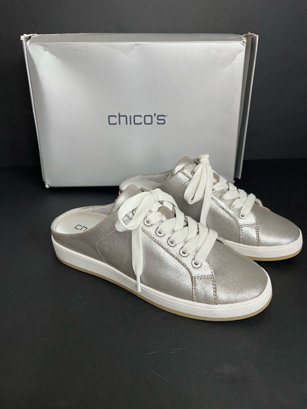 NIB Chico’s Metallic Silver Snap Slip On Sneakers - Sz 6